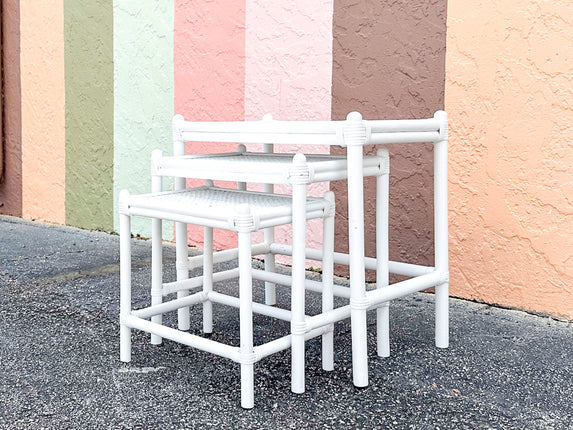 Set of Three Cane and Rattan Nesting Tables