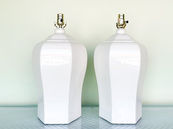 Pair of Large White Ginger Jar Lamps