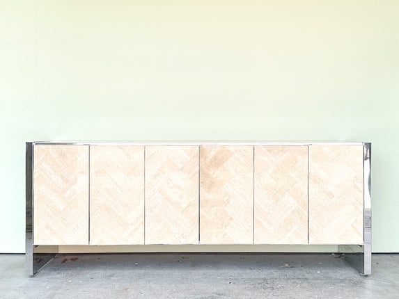 Chrome and Herringbone Travertine Credenza