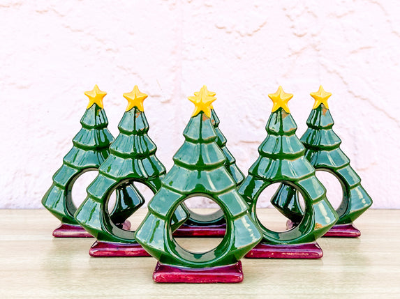 Set of Six Ceramic Christmas Tree Napkin Rings