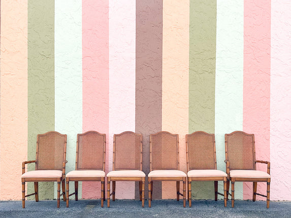 Set of Six Handsome Faux Bamboo and Cane Dining Chairs