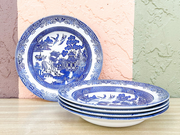 Set of Four Blue and White Pagoda Serving Bowls