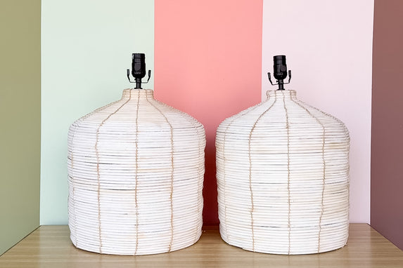 Pair of Island Chic Pencil Reed Rattan Lamps