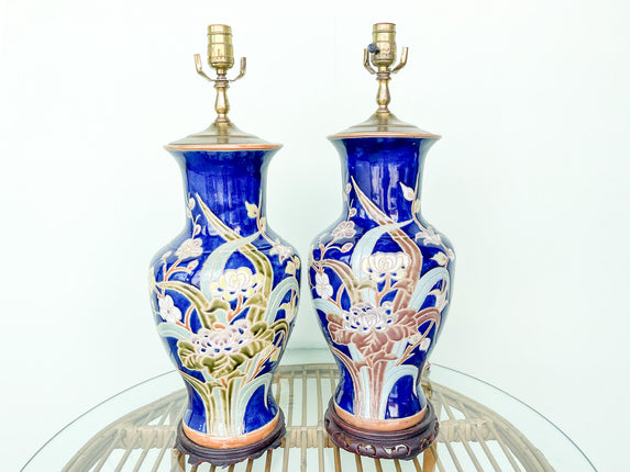 Pair of Navy Floral Lamps