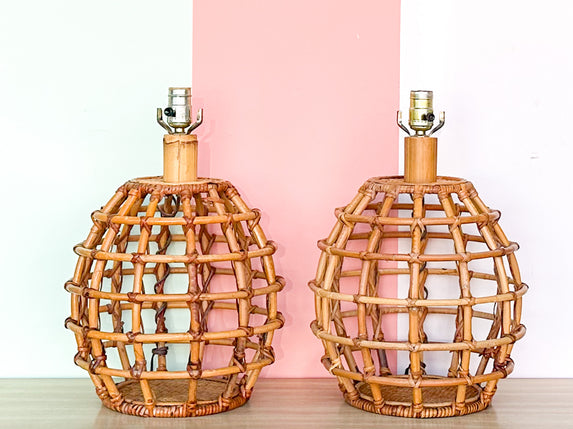 Pair of Rattan Cage Lamps