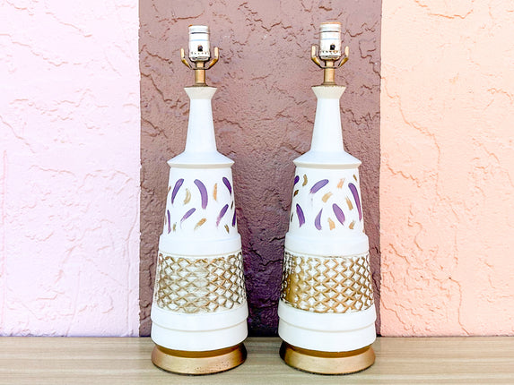 Pair of MCM Lavender and Gold Lamps