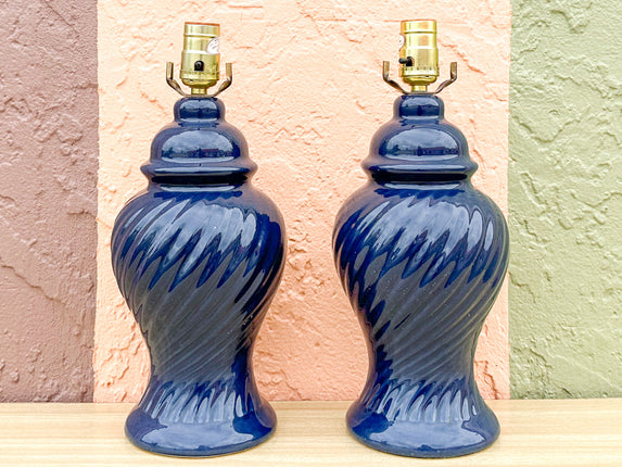 Pair of Petite Navy Swirl Ginger Jar Lamps