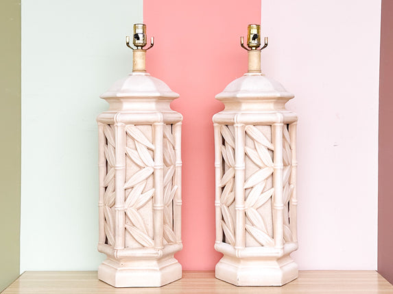 Pair of Faux Bamboo Leaf Lamps