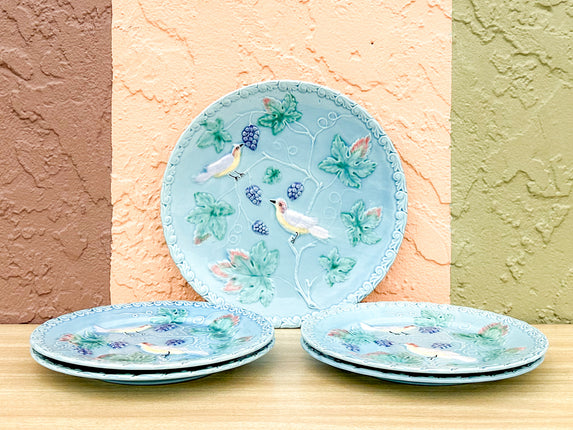Set of Four Pretty Blue Bird Plates and Platter