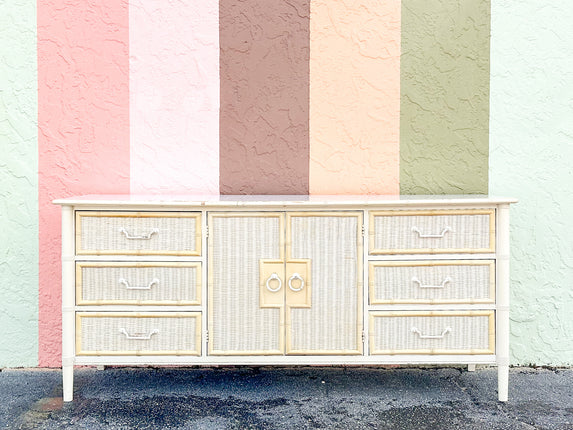 Yellow and White Faux Bamboo and Rattan Dresser