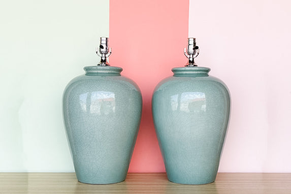 Pair of Large Ocean Blue Crackle Lamps