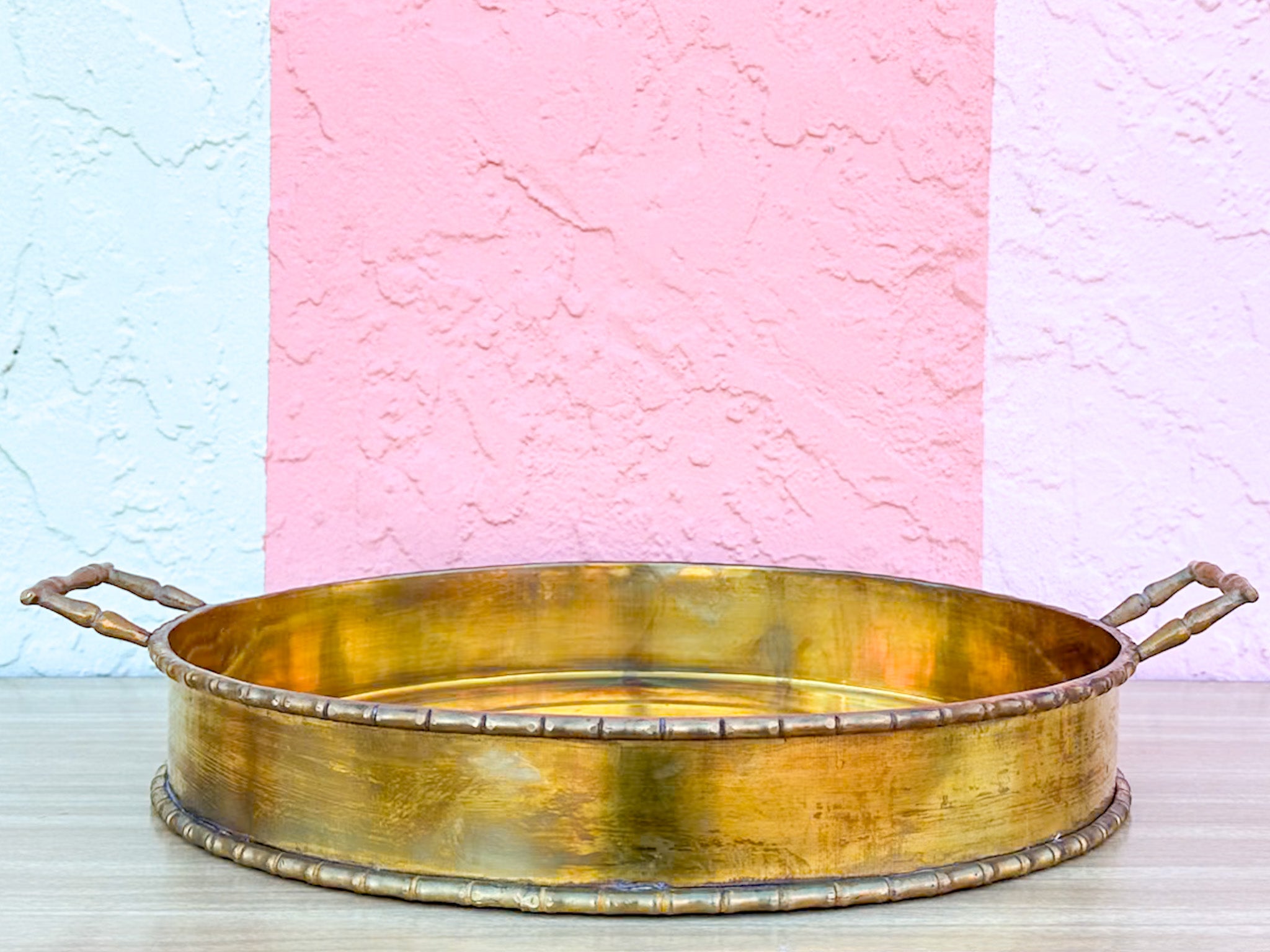 Vintage Round Brass Bamboo Gallery Tray