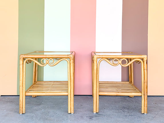 Pair of Old Florida Rattan Side Tables