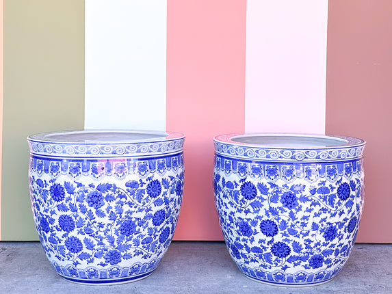 Pair of Huge Blue and White Cachepots