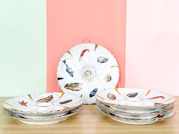 Set of Six French Gold Rimmed Oyster Plates