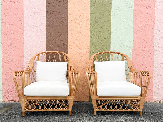 Pair of Kips Bay Show House Rattan Lounge Chairs