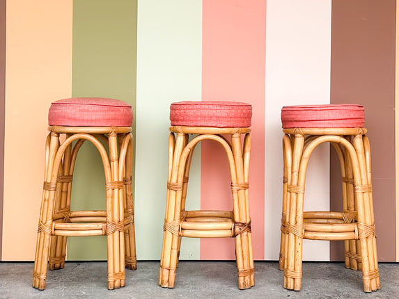 Set of Three Old Florida Rattan Bar Stools