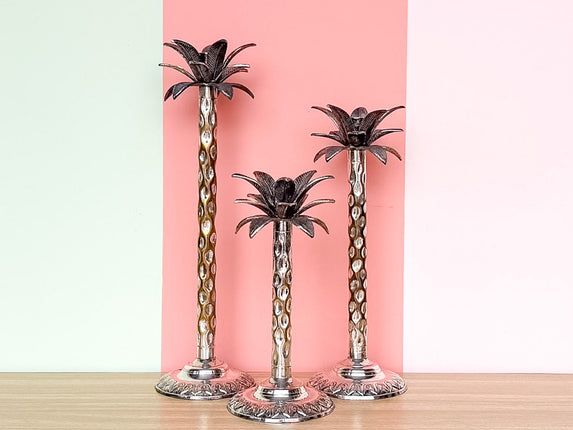 Set of Three Silver Palm Tree Candle Holders