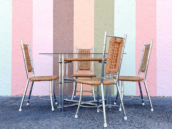 Regency Style Chrome and Rush Faux Bamboo Game Table and Chairs