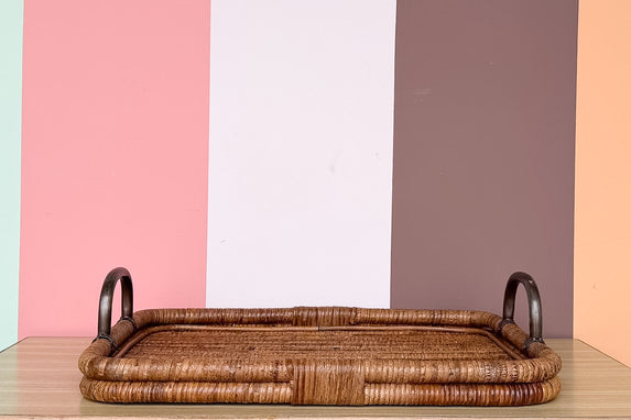 Large Rattan Wrapped Tray with Handles