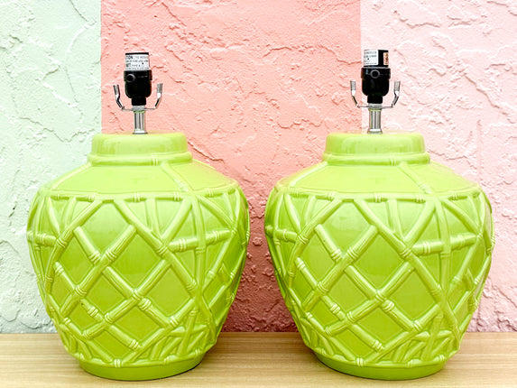 Pair of Key Lime Faux Bamboo Lamps