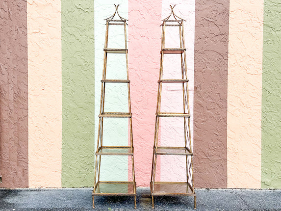 Pair of Gilt Faux Bamboo Metal Pagoda Etageres
