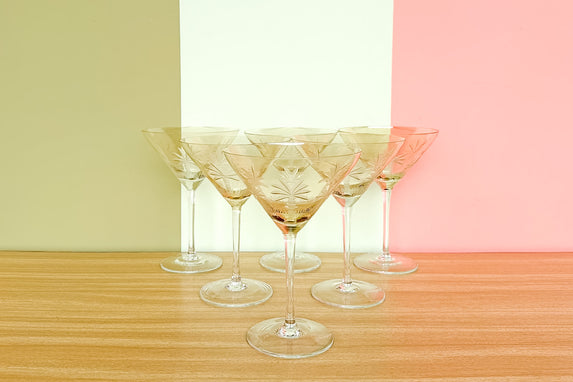Set of Six Crystal Palm Tree Martini Glassware