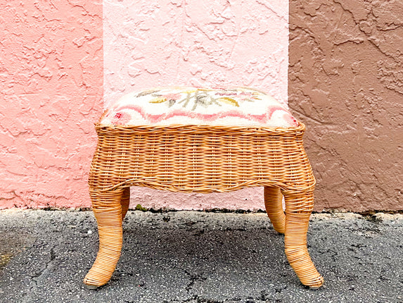 Granny Chic Needlepoint Wicker Foot Stool