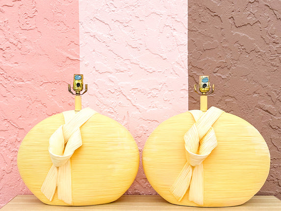 Pair of Ceramic Yellow Basket Lamps