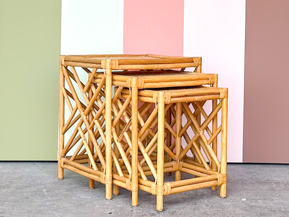Set of Three Chippendale Rattan Nesting Tables