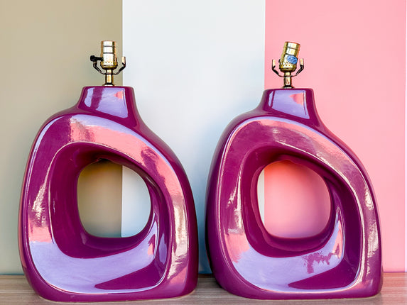 Pair of Plum Sculptural Ceramic Lamps