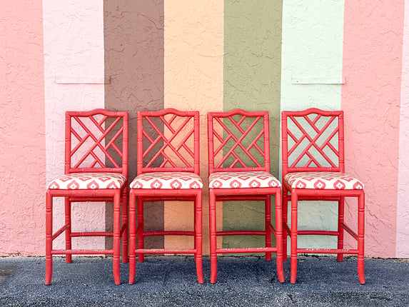 Set of Four Coral Chippendale Bar Stools