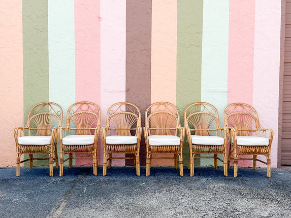 Set of Six Coastal Chic Rattan Arm Chairs