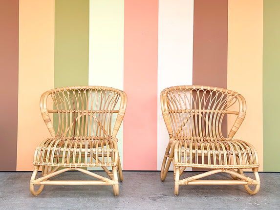 Pair of Coastal Chic Rattan Lounge Chairs