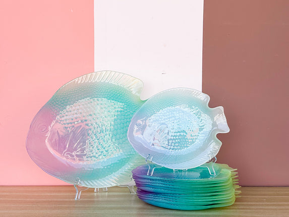 Set of Twelve Psychedelic French Fish Plates and Platter
