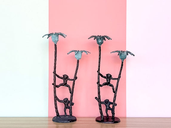 Pair of Monkey and Palm Tree Candle Holders
