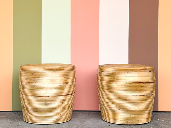 Pair of Natural Pencil Reed Rattan Side Tables