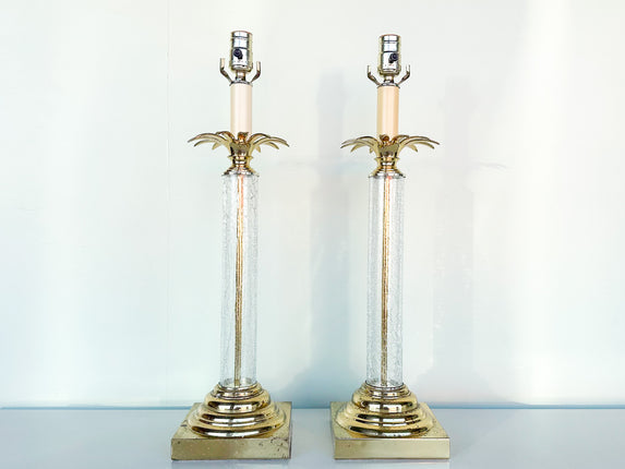 Pair of Brass and Crackle Glass Palm Tree Lamps