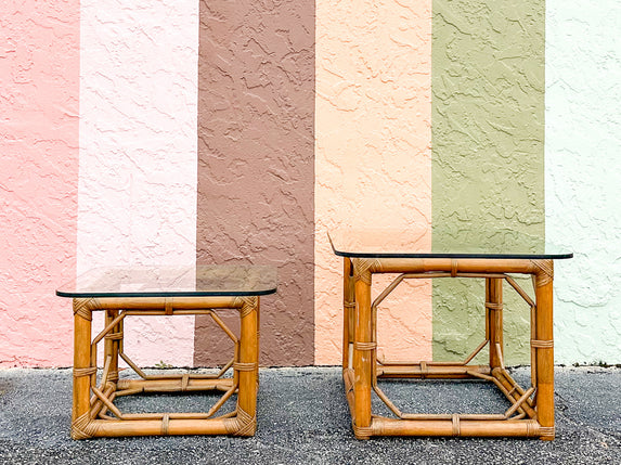 Pair of Fretwork Rattan Side Tables