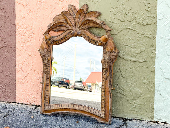 Wood Carved Palm and Monkey Mirror