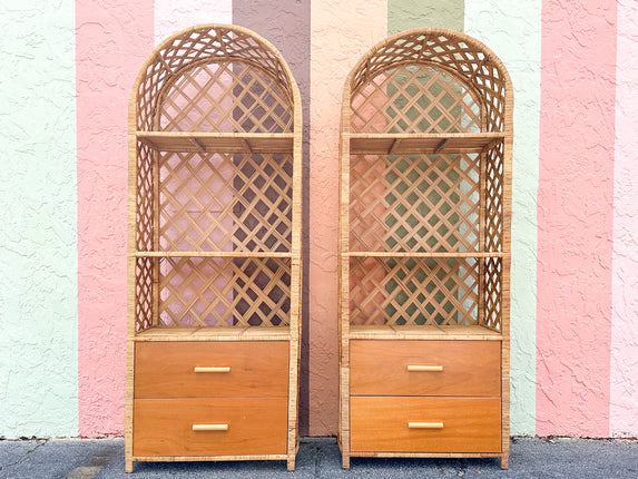 Pair of Old Florida Rattan Lattice Etageres