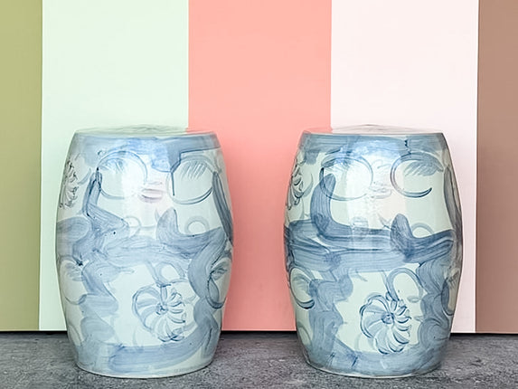 Pair of Modern Watercolor Porcelain Garden Seats