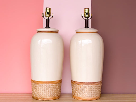 Pair of Rattan Wrapped Ceramic Lamps