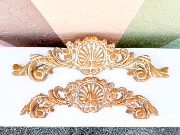 Pair of Wood Carved Shell Motif Wall Art