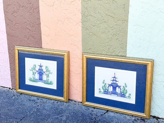 Pair of Blue and White Pagoda Prints