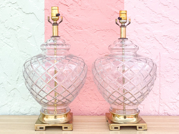 Pair of Brass Greek Key and Crystal Lamps