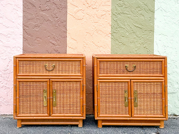 Pair of Rattan Wrapped Faux Bamboo Nightstands
