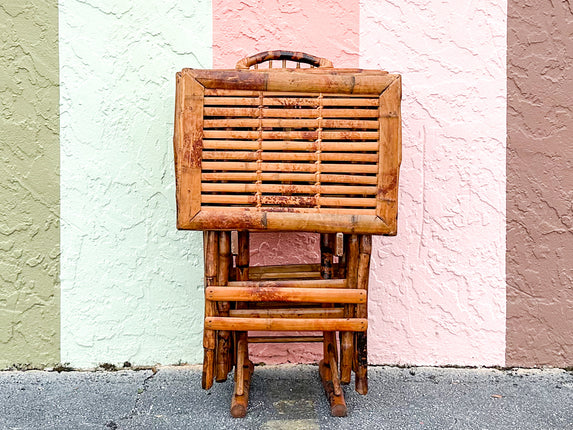 Set of Four Tortoiseshell Bamboo Folding Tables and Stand