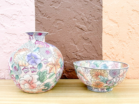 Colorful Floral Vase and Bowl