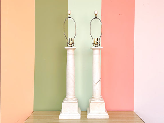 Pair of Kips Bay Show House Large Marble Column Lamps